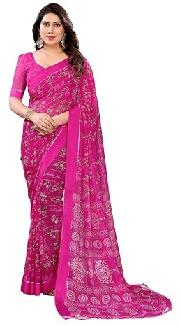 ETHNICMODE Indian Saree For Women Printed Georgette Light Weight Party Wear Hot Pink Sari With Unstitched Hot Pink Blouse Piece-1209