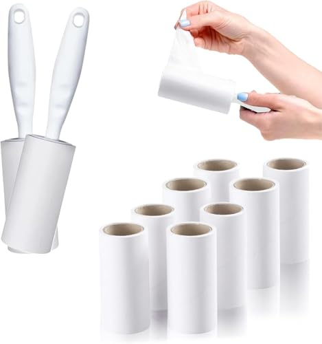 Qiyuting Rodillo adhesivo removedor de pelo de mascotas, 600 rodillos adhesivos, rodillos adhesivos, con 10 rodillos adhesivos de repuesto y 2 asas, removedor de pelusas de ropa