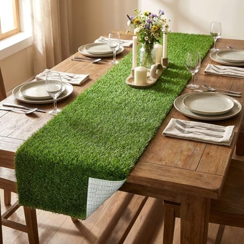12.6 x 72 Inch Grass Table Runner, Artificial Turf Runner with Upgraded TPR Non-Slip Grid Backing, Natural Green Synthetic Grass Decor for Football Golf Party, Easter, Wedding & Garden