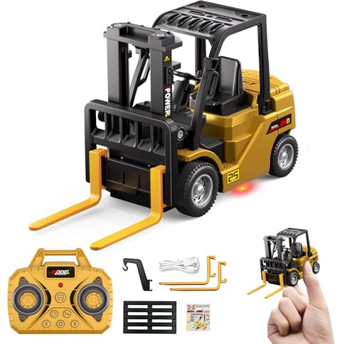 1/64 Mini RC Forklift Toy,10 Channel 2 Mode Remote Control Forklift Truck with Rechargeable Battery, 2 in 1 Transformable Lift Fork & Hook with Lights & Sounds Gift for Adults Kids Boys Girls Yellow