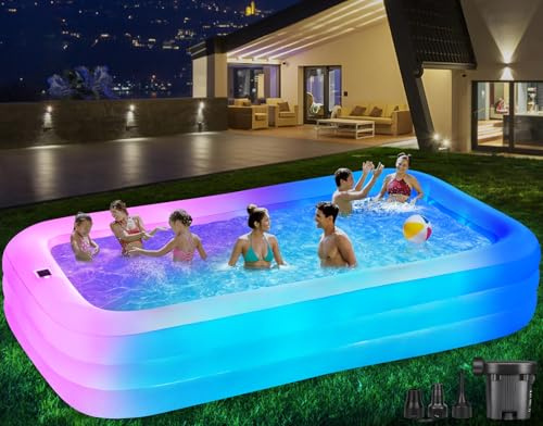 QIUJIN Large Solar Inflatable Pool with Lights, 130x72x22, Oversized Thickened Blow Up Pool with Pump, 7 Color Changed Family Swimming Pool for Backyard, Outdoor