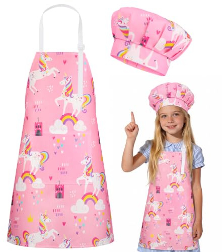 DiULi Kids Apron and Chef Hat with Cartoon Animal Style Print, Pink