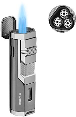 PIPITA Antivento Torcia Accendino, 3 Getto Blu Fiamma Metallo Ricaricabile Gas Butano Con Puncher (Venduto Senza Gas)