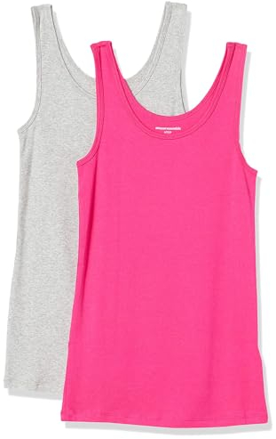 Amazon Essentials Damen Tanktop, Schmale Passform, 2er-Pack, Grau Meliert/Kräftiges Rosa, M