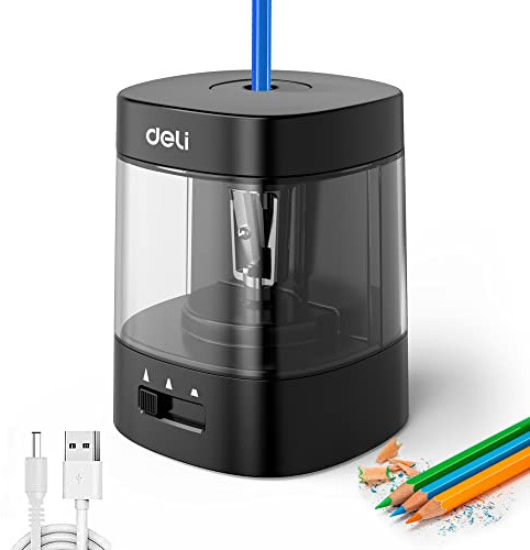 Deli Electric Pencil Sharpener, Automatic Pencil Sharpeners for No.2 Pencils Colored Pencils, USB & Battery Operated Pencil Sharpener for School, Home, Office, Classroom, Black