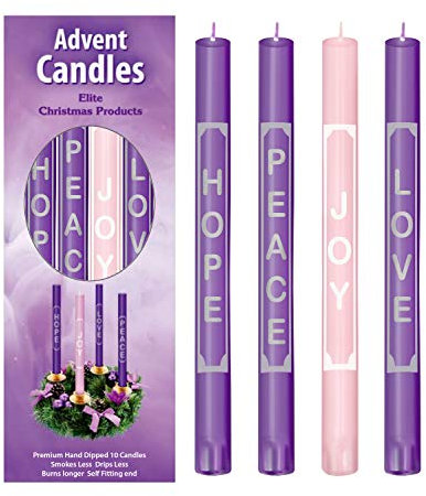 Premium Handmade Advent Candles with Love, Peace, Hope, Joy - Set of 4 for Advent Rings and Wreaths - Self Fitting End