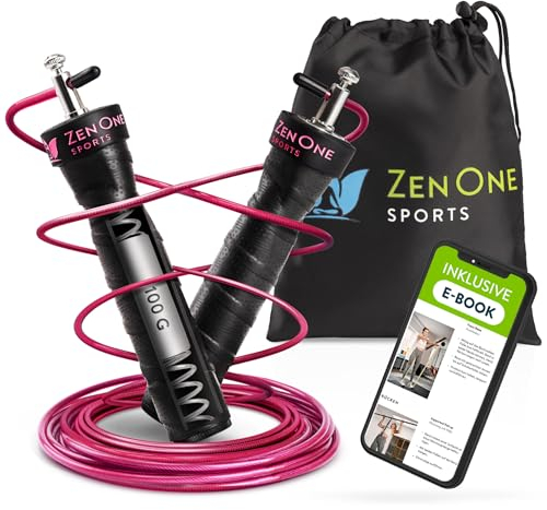 ZenRope Springseil, Speed Rope mit Kugellager, professionelles Sprungseil für Erwachsene, längenverstellbar, inkl. Extra Stahlseil, E-Book, Einstiegsguide & Tasche, 3 m Seillänge (Berry)