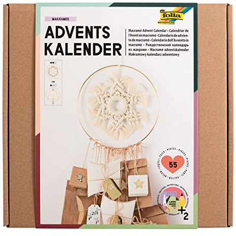 folia 9386 - Adventskalender-Set Makramee, 55-teiliges DIY Bastel-Set zur Gestaltung eines individuellen Adventskalenders mit trendigem Makramee-Element