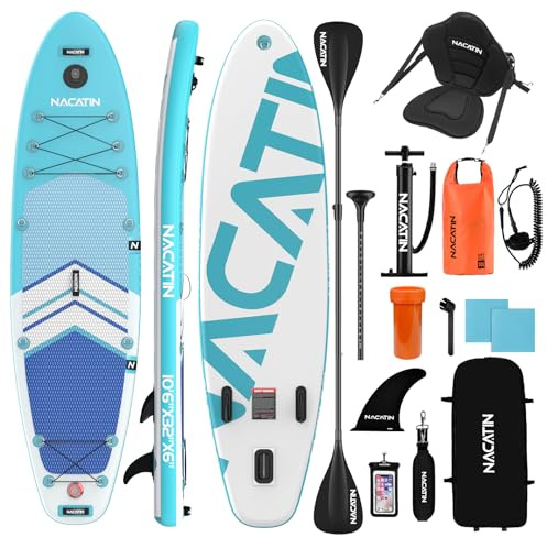 NACATIN 10'6/320cm Inflatable Paddle Board with Seat, SUP Board for Adults with Single/Double Paddle, Kayak Seat, Pump, Backpack, Carry Strap, Dry Bag, Repair Kit, for Lake, River, Yoga