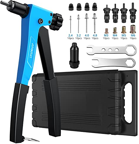 AUTOUTLET 2-in-1 Rivet Nut Pliers and Blind Riveter Set, 10“ Professional One-Handed Rivet Nut Tool with M3-M6 Metric Mandrel & 2.4-4.8 mm Rivet Heads (Includes 40x Rivet Nuts & 40x Blind Rivets)