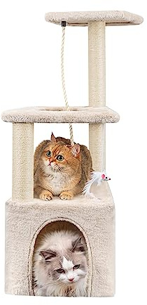Cat Scratching Post, 90cm Cat Tree for Indoor Cats, Stable Cat Tower, Beige | Multi-Level Cat Scratch Post with Toy, Climbing Playing and Relaxation