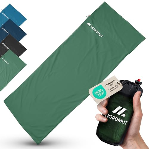 NORDMUT® Saco de Dormir Ultraligero para albergues, de Microfibra o algodón: Saco de Viaje Transpirable, de tamaño Compacto y Especialmente Suave, con Funda para Almohada (Verde/Poliéster)