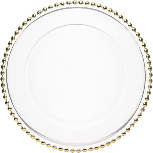 Lot de 12 assiettes en verre XL de 32 cm avec bord doré (1), assiettes en verre avec perles, extra grandes, assiettes de présentation décoratives pour mariage, baptême, anniversaire, Noël et fête