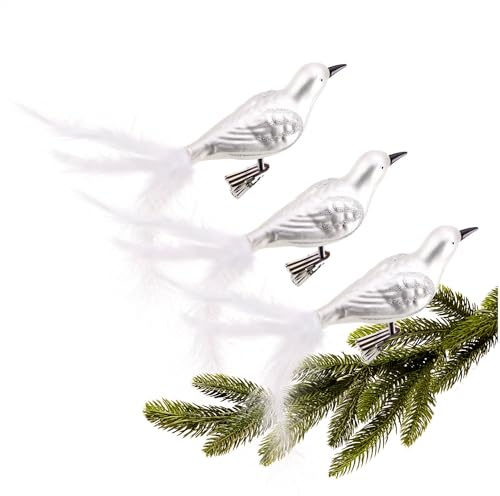 com-four® 3X Vogel auf Clip - glänzende Vögel mit Langen, weißen Schwanzfedern - Zierschmuck für die Wohnung - Raumdeko mit kleinen Pailletten