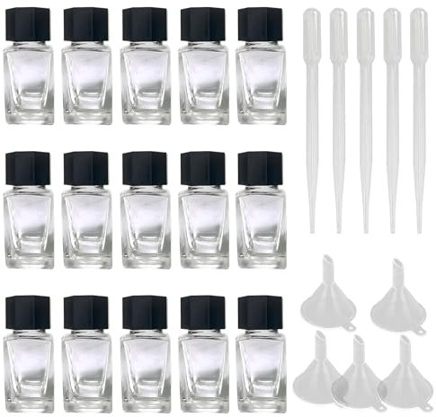 Gotrain Glas Füllfederhalter Tintenflaschen 15 Stück 18ml Pipette Glasflasche Leer Klebstoffflasche mit 5 Trichtern und 5 Tropfer für Kleber Tinten Farbe