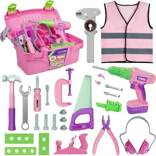 ANYCESO Werkzeugkoffer Kinder Werkzeug mit Werkzeugkasten Elektrische Spielzeug-Kinderspielzeug ab 3 Jahre Werkzeug,Akkuschrauber Konstruktionsspielzeug,Kinderwerkzeug Geschenke für 3-8 Jährigen, PINK