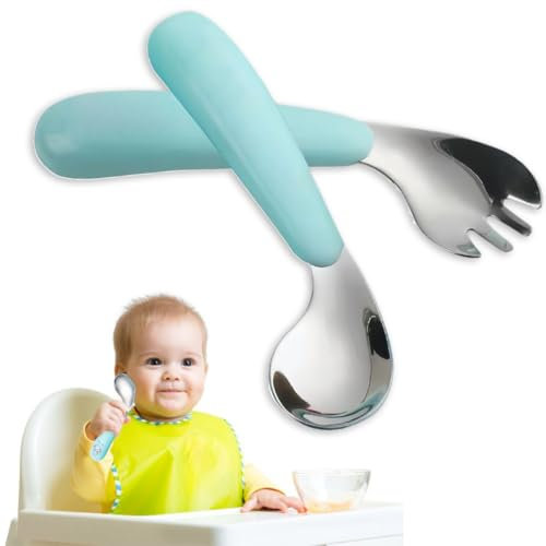 Set di posate per bambini, manico curvo, cucchiai da allenamento e forchette in acciaio inox, resistente al calore, cucchiai autoapprendimento (blu)