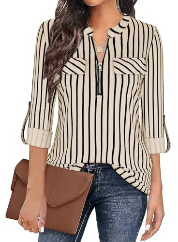 Gemulate Khaki Striped Shirt for Women Ladies Tops Womens Zip Up Plaid Tunic Blouse Long Sleeve Polo Top Floral Printed Shirts Long Tops to Wear with Leggings - Black Khaki Stripe, M