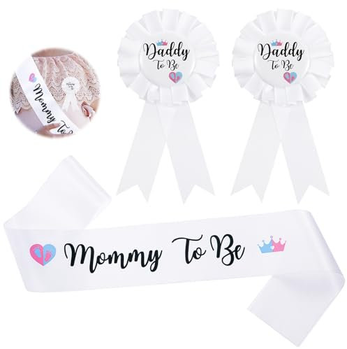 Wanmu Lot de 3 décorations de révélation du sexe et insigne en fer blanc pour future maman et futur papa pour fête prénatale, écharpe maman et papa à être en fer blanc pour cadeaux souvenirs de