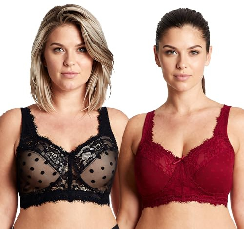 Curve Muse Femmes Grande Taille Minimiseur Dentelle Couvrance Totale Non-doublé Soutien-Gorge sans Fil-Paquet de 2-Rouge,Noir-115C/EU 100C-V2
