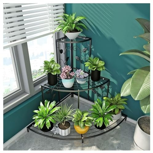 3 Tiers Corner Shelf Metal Plant Stand for Indoor Outdoor, Iron Art Flower Pot Stand, Stair-Step Style Plant Display Rack, for Patio Garden Balcony Living Room, Space Saving(Black,60x60x65 cm)