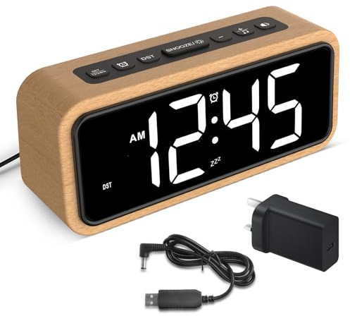 Loud Alarm Clocks Bedside, Wooden Alarm Clock with 12 Alarm Sounds, 5 Volumes, 5 Brightness, LED Display, Snooze, Manual DST, Loud Alarm Clocks for Bedroom Living Room, Mains Powered (Beech-White)
