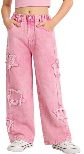 Rolanko Vaqueros Anchos para Niñas Pantalón Denim Patchwork de Cintura Elástica y Pierna Ancha, Estrella Rosa, Talla: 10-11 Años/150