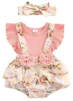 Edhomenn Baby flicka sparkdräkt klänning rosett tryck puff kortärmad overall med sött pannband set vardaglig nyfödd flickor kläder 2 delar kläder, 27 Rosa, 0-3 Months