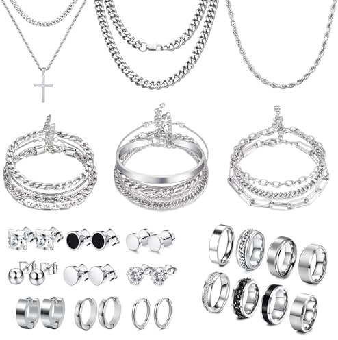 FEYIR 33 Pcs Jewelry Set for Men Stainless Steel Band Ring Cuban Link Necklace Bracelet Hoop Stud Earrings Mens Jewelry Set