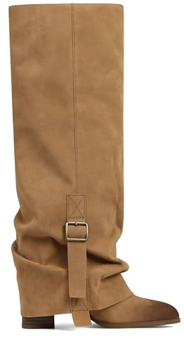 EQAUDES Brown Suede Knee High Boots For Women Fold Over Wide Calf Boots Slouchy Round Toe Buckle Chunky Heel Tall Boot Work Party