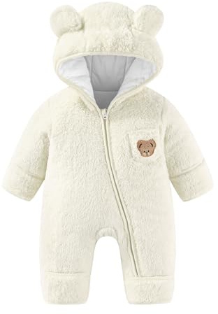 JiAmy Baby Snowsuit Fleece Bunting - Newborn Winter Bear Onesie Warm Hooded Romper with Foldover for Infant Boys Girls White 0-3 Months