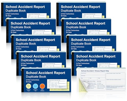 10 Pack School Accident Report Book 2-Part 50 Sets Incident Report Duplicate Book 99mm x 210mm Accident Report Book with Both Copies Perforated for Schools Nurseries Educational Institutions