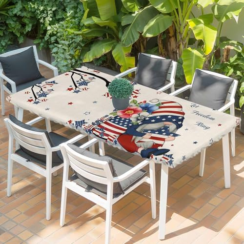 Litter Star Fitted Tablecloth for 4ft Table, Independence Day Dwarfs Fitted Elastic Edge Table Cover for Rectangle Tables, Opium Poppy on Retro Linen Waterproof Tablecloths for Kitchen