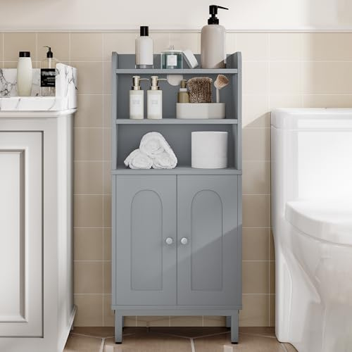 Hzuaneri Bathroom Storage Cabinet, Slim Floor Cabinet with 2 Door, Grey | Slim Cabinet with Door and Adjustable Shelf, Wooden Freestanding Storage Unit for Dining Kitchen Living Room, BC48221GR