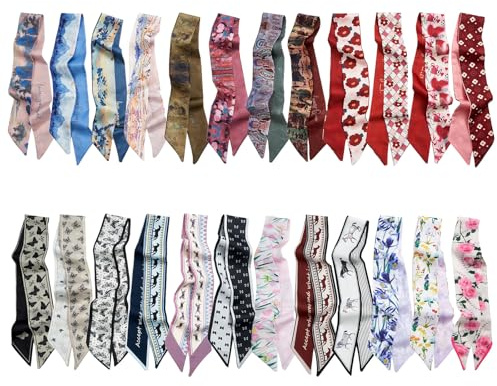 ZOUIQSS 24Pack Purse Scarf Handbags Skinny Twill Hair Scarves Narrow Neck Scarf Band Women Fashion Accessories Bag Charms 86cm