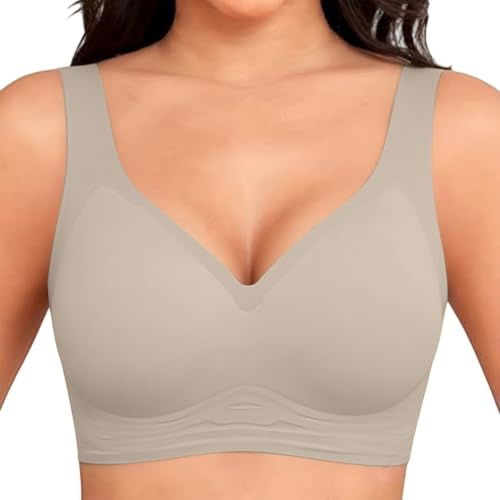 Bygellös BH för kvinnor, Jelly Basic Push Up BH utan bygel dam gelé bh sömlös reducerande V-hals sexiga behåar, Beige, L