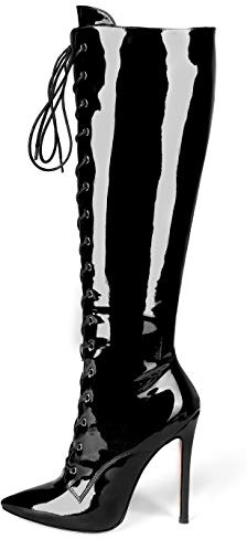 Eldof Women's Knee-High Boots Lace Up High Heeled Stiletto Sexy Boot Black-Patent US7