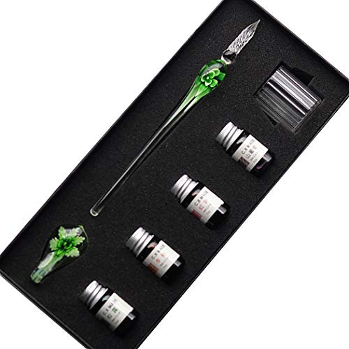 SIPLIV kit de pluma estilográfica de intarsia de cristal hecho a mano con firma de caligrafía, tinta de 4 colores, portalápices, taza de limpieza, verde