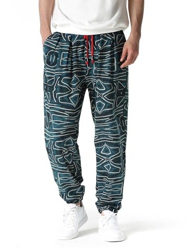 MakingDa Pantalon baggy hippie en coton pour homme - Pantalon de yoga et de loisirs - Pantalon sarouel à revers, 4, XXL