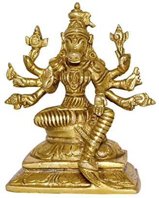 P.J.handicrafts Brass Statue of Vishnu Varaha Avatar Feminine Energy | The Ashta Bhuja Varahi Amman Yellow Size-4.5