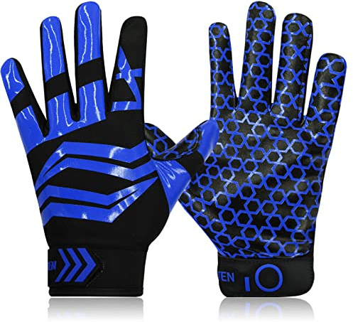 FINGER TEN American Football Gloves Youth Kids Ultra Tack Sticky Non-Slip Palm Receivers, Rugby Gloves for Boys Girls Flexible Stretch Protection Fit Children Age 5-14 (Navy, X-Large)