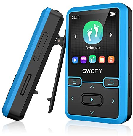 Clip MP3 player with Bluetooth 5.0 MP3 digital audio music player portable wearable mp3 & mp4, ultra-lightweight MP3 player for kids, FM radio support, pedometer, up to 128GB (Blue)