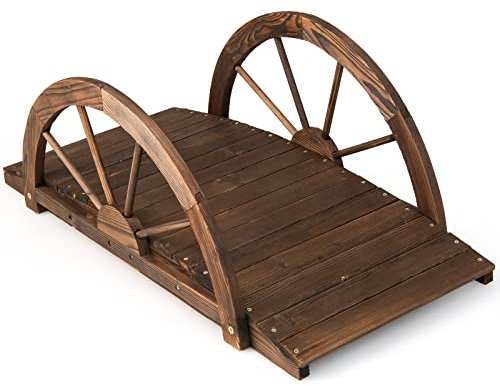 COSTWAY Puente de jardín de Madera Abeto con Media Rueda, Puente Decorativo de Estanque, Jardín, Patio Trasero, Granja, 101.5 x 48,5 x 38 cm (marrón)