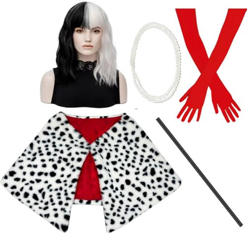 TOMIGO 6 pezzi Parrucca Corta Bianca e Nera Con Scialle finto, Guanti Rossi, Supporto per Costume, Collana di Perle e Cappuccio per Parrucca per Costumi Halloween Donna