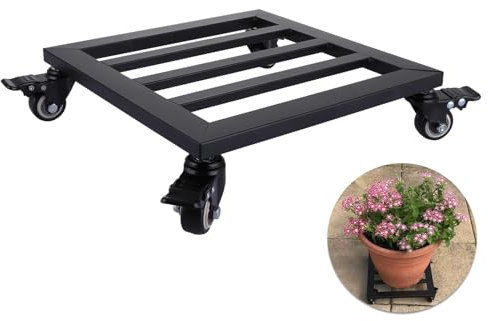 LOLYSIC Metal Plant Caddy with Wheels, 30cm Square Rolling Plant Dolly with Lockable Casters, Heavy Duty Plant Stand for Indoor Outdoor Garden Flower Planter Pots, Black