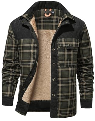 HYPESTFIT Mens Jacket Flannel Fur Lined Button Warm Lumberjack Fleece Padded Long Sleeve Casual Dark green L