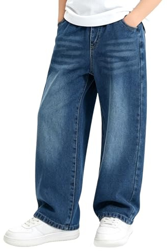 FILOWA Jeans Garçon Enfants Droit Baggy Pantalon Denim Loose Fit avec Taille Élastique Long Jeans Casual Bleu Pant Décontracté Stretch Denims Mode Streetwear pour Ado 13-14 Ans
