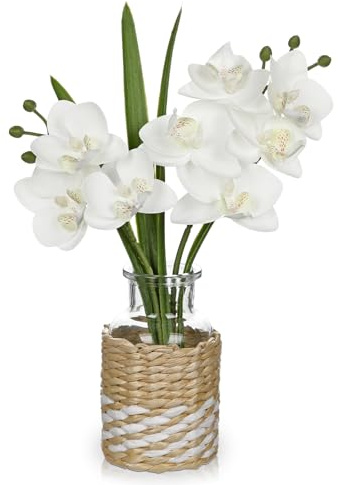 Arborus Orquídea artificial en cristal, 29 cm, flores artificiales con cesta trenzada, flores artificiales como auténticas, pequeñas flores decorativas para mesa, estantería, alféizar de ventana