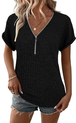 Gemulate Womens Plus Size Tops Short Sleeve Spring Summer Party Blouses v Neck Knit Blouses Loose Casual Business Holiday Tshirts Shirt Black XXL