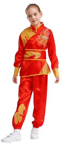Miaeowve Kinder Mädchen Martial Arts Uniform Pailletten Tai Chi Wing Chun Kleidung Kung Fu Qi Gong Trainingsanzug Praxis Uniform Stickerei Kostüm Set Rot 122-128